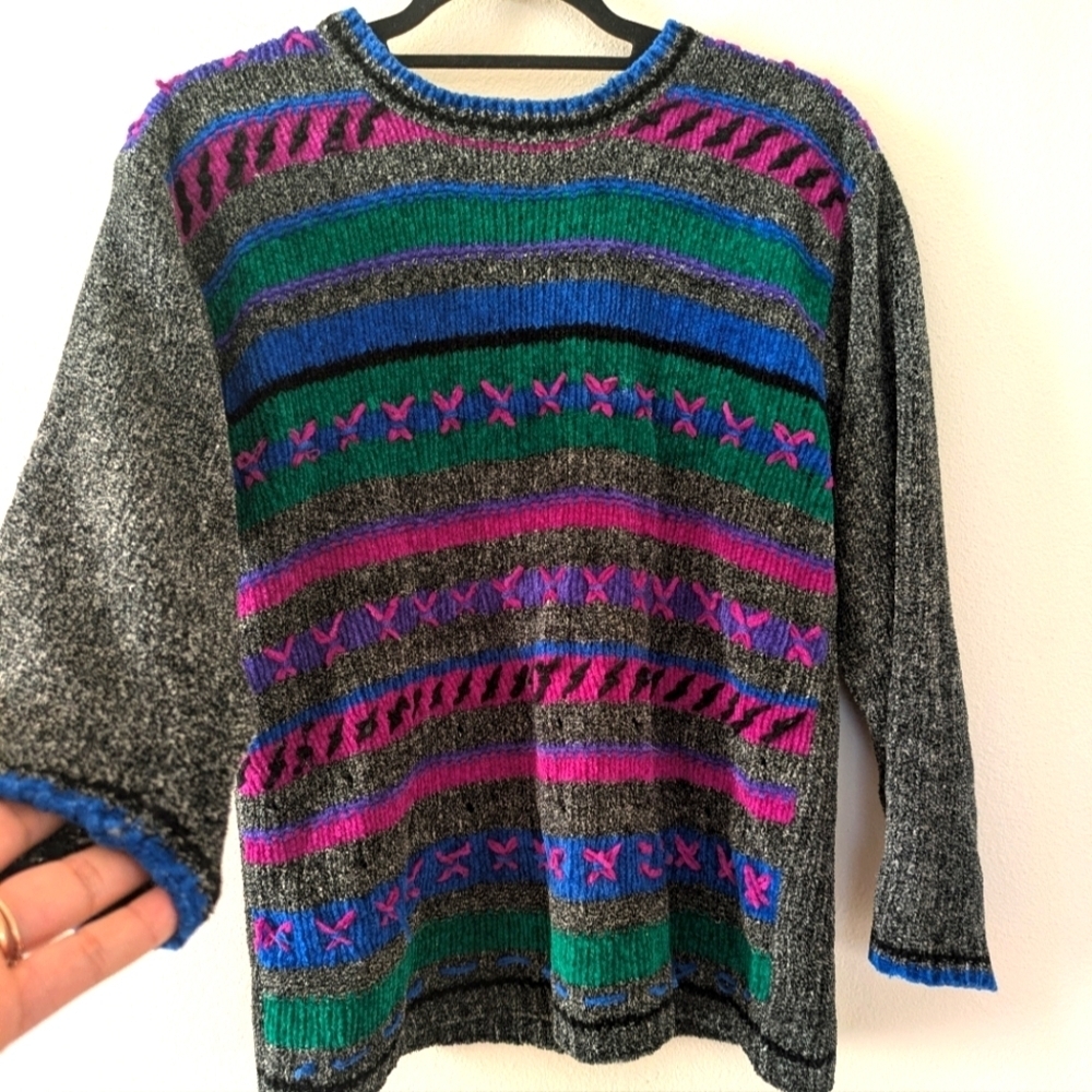 Vintage Russ Multicolored Sweater 90s Bright Colorful Crotchet/Yarn Women's SP - Picture 2 of 9